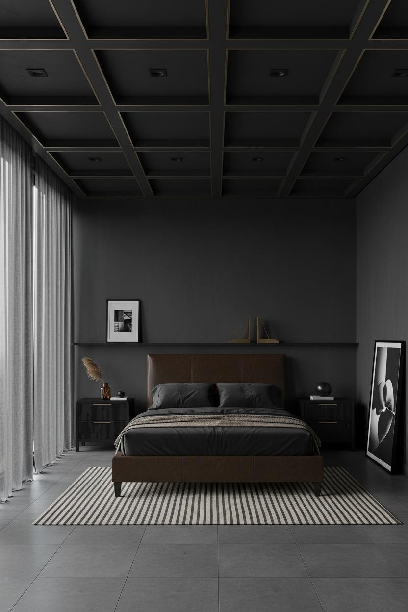 Luxury Black Bedroom Coffered Ceiling Brass