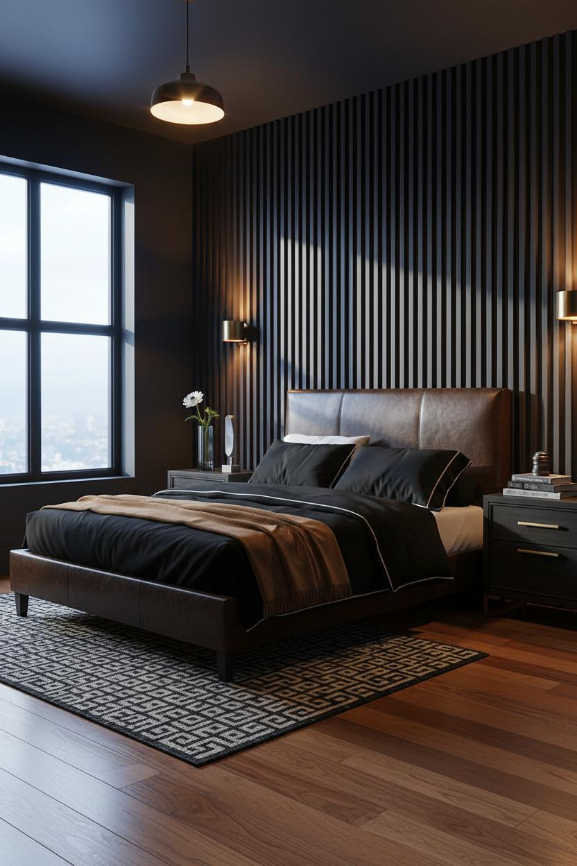 Luxury Black Bedroom Walnut Paneling Brass Sconces