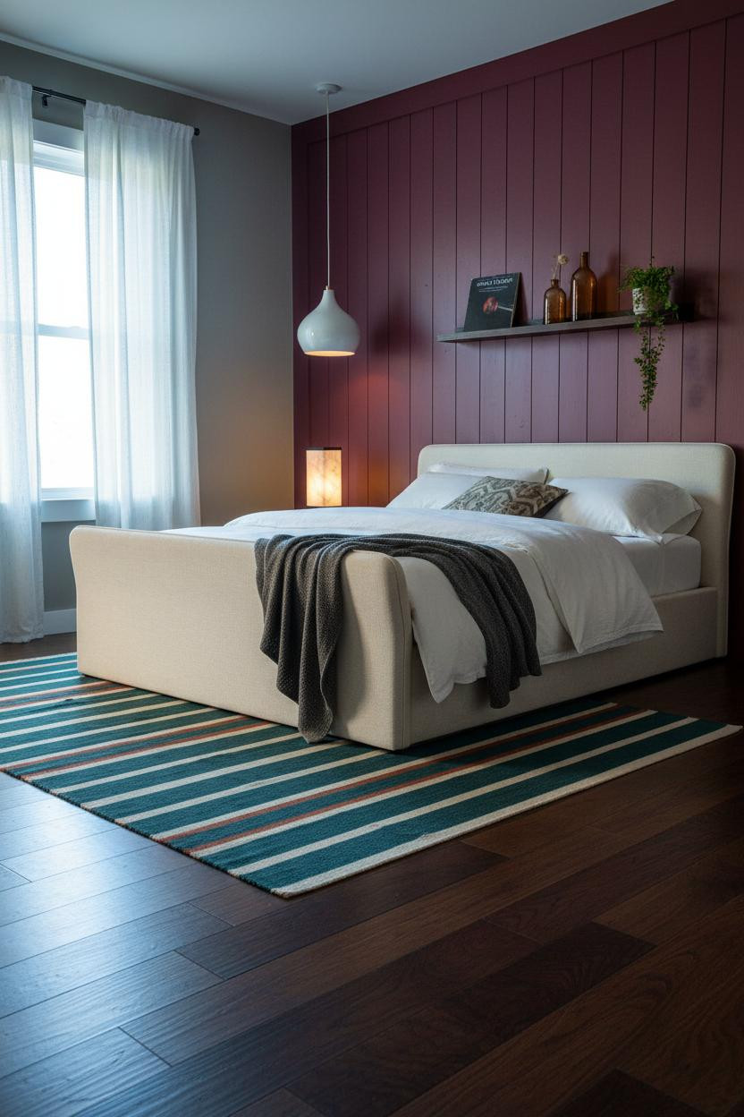 Colorful Bedroom Burgundy Shiplap Accent Wall