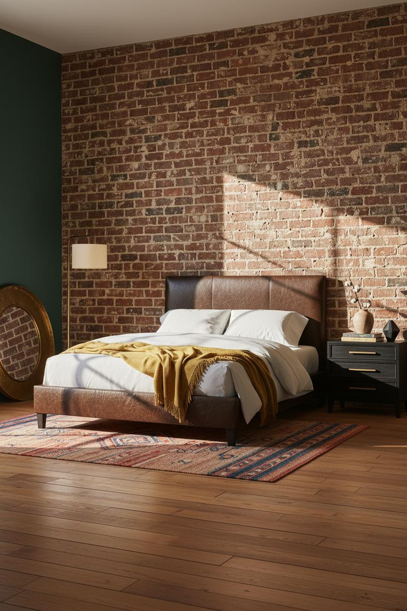 Black Bed Frame Rustic Brick Bedroom