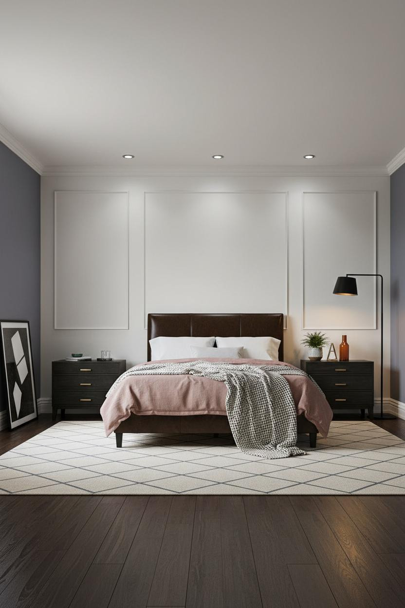 Black Bed Frame Bedroom Wainscoting Design