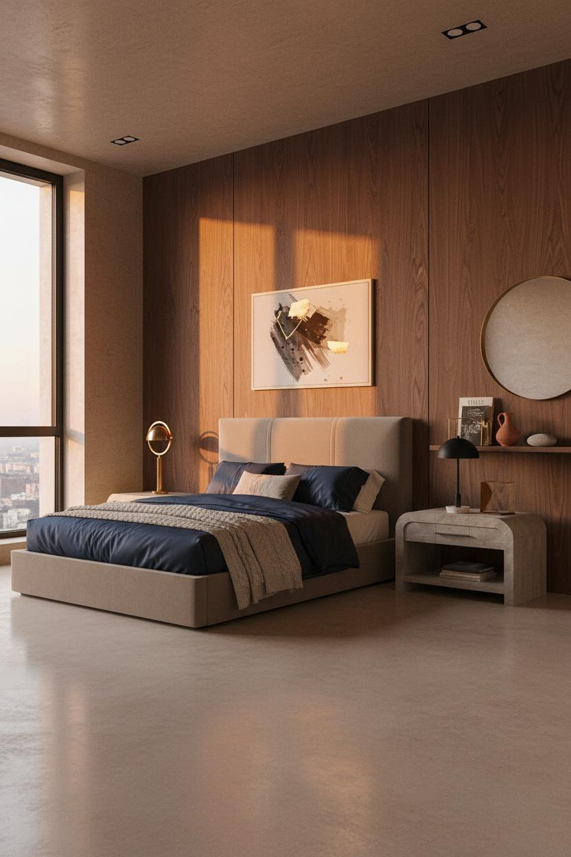 Minimal Luxury Bedroom Walnut Accent Wall
