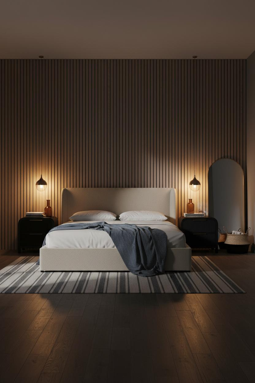 Minimal Luxury Master Bedroom Charcoal Slats