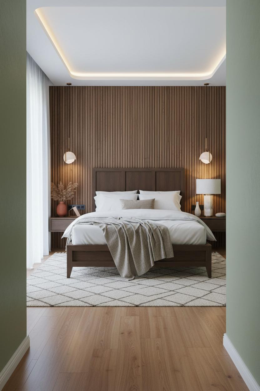 Minimal Luxury Bedroom Walnut Accent Wall