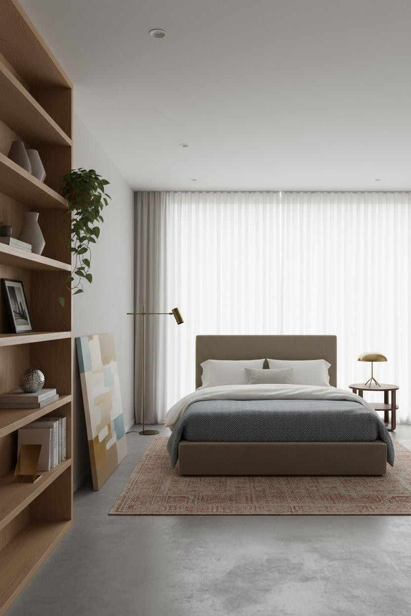 Single Woman Bedroom Oak Shelving Concrete