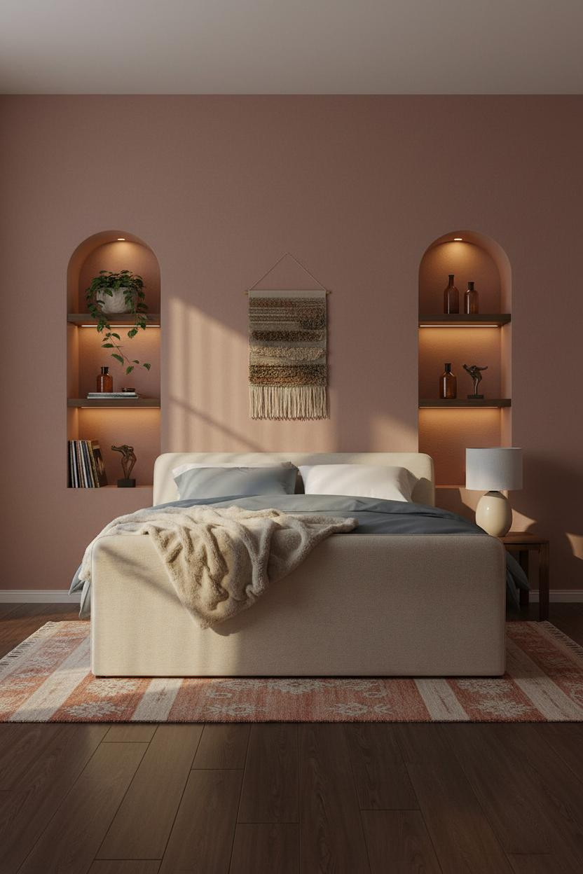 Single Woman Bedroom Moody Walnut Shelves