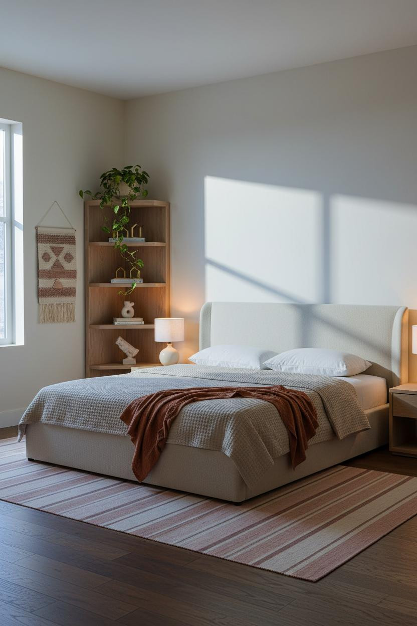 Single Woman Bedroom Oak Shelving Feminine