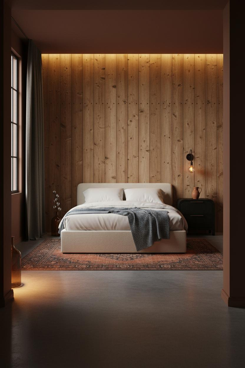 Industrial Farmhouse Bedroom Dark Wood Wall
