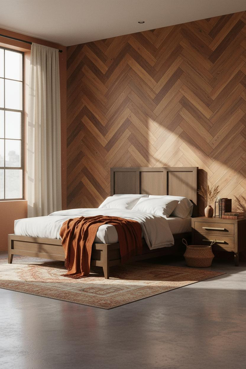 Industrial Farmhouse Bedroom Herringbone Wall