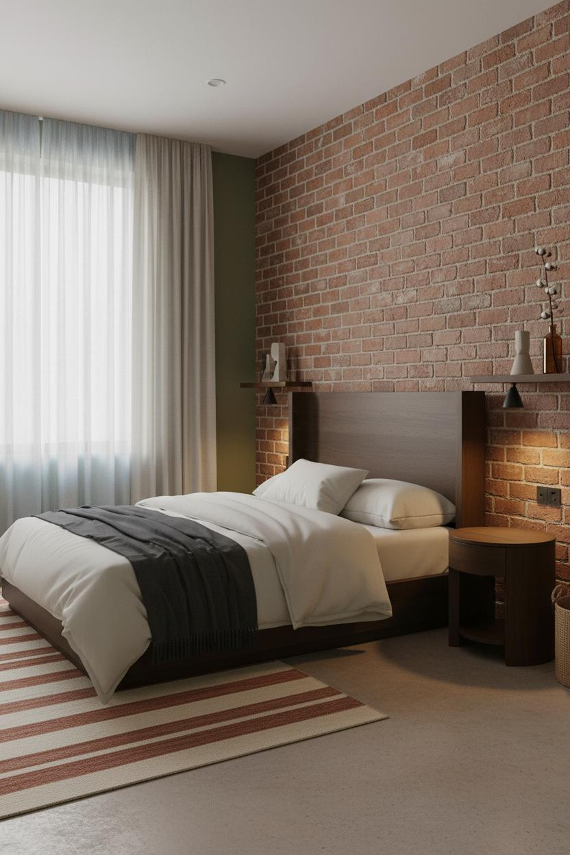 Earth Tone Green Bedroom Exposed Brick