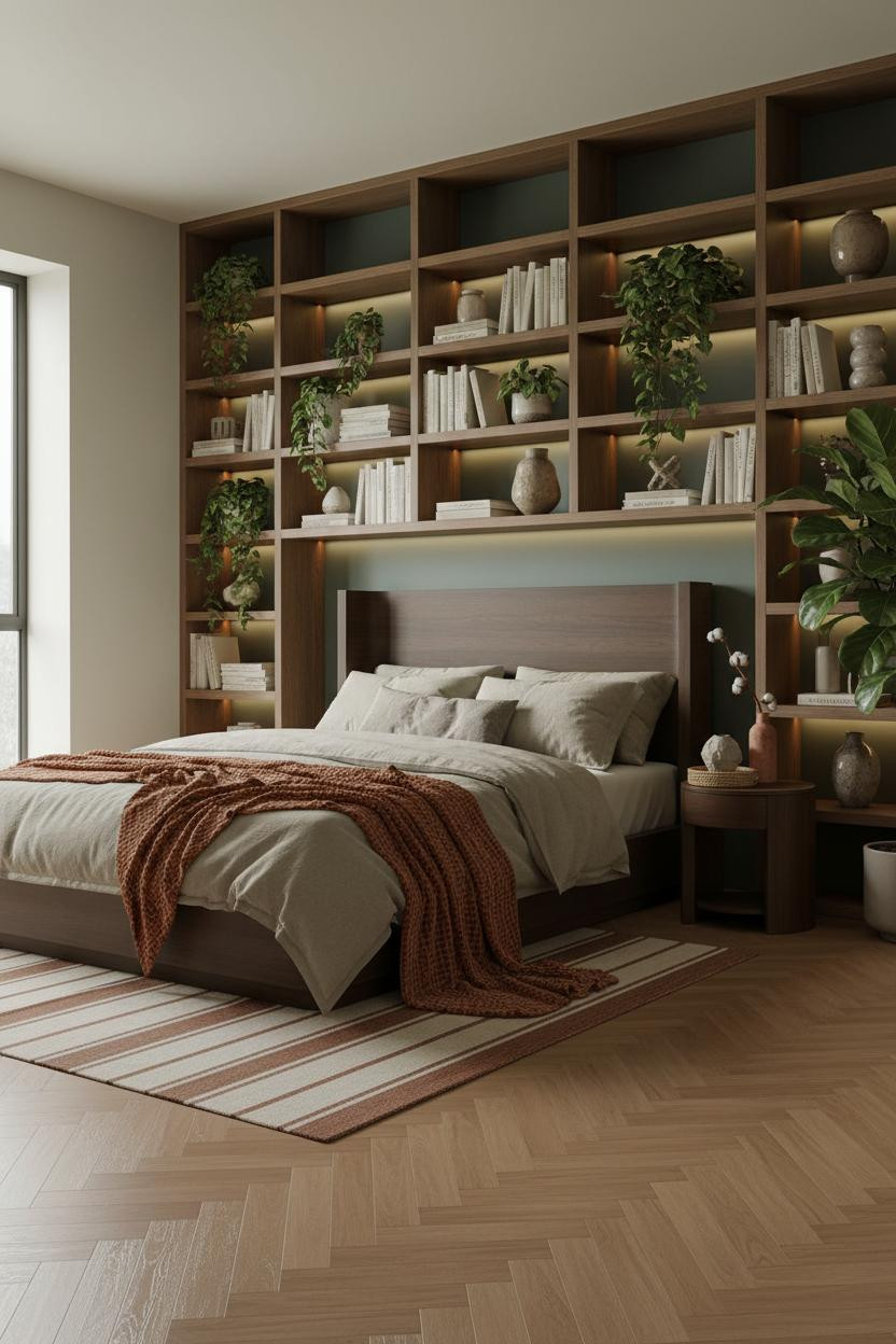 Earth Tone Green Bedroom Sage Shelves