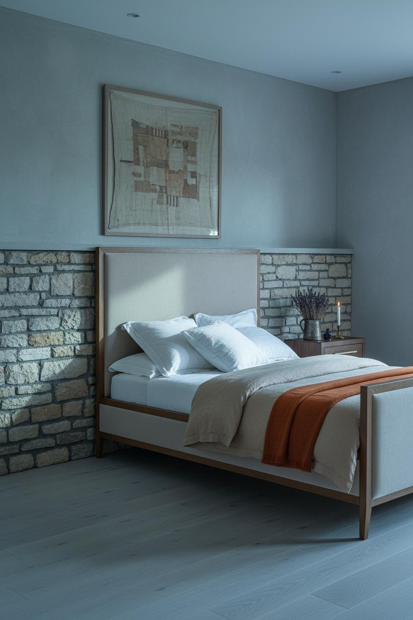 French Countryside Bedroom Stone Wainscoting Limewash