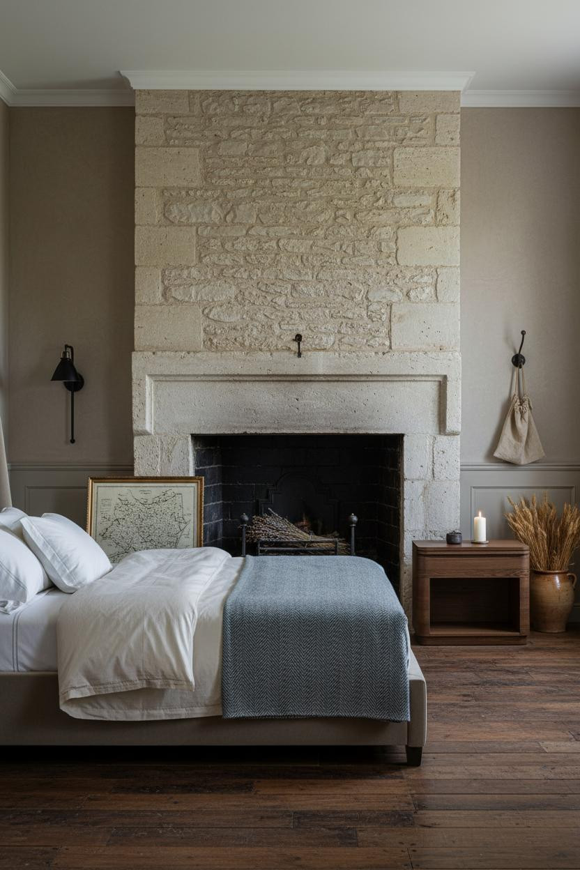 French Countryside Bedroom Stone Fireplace Provence