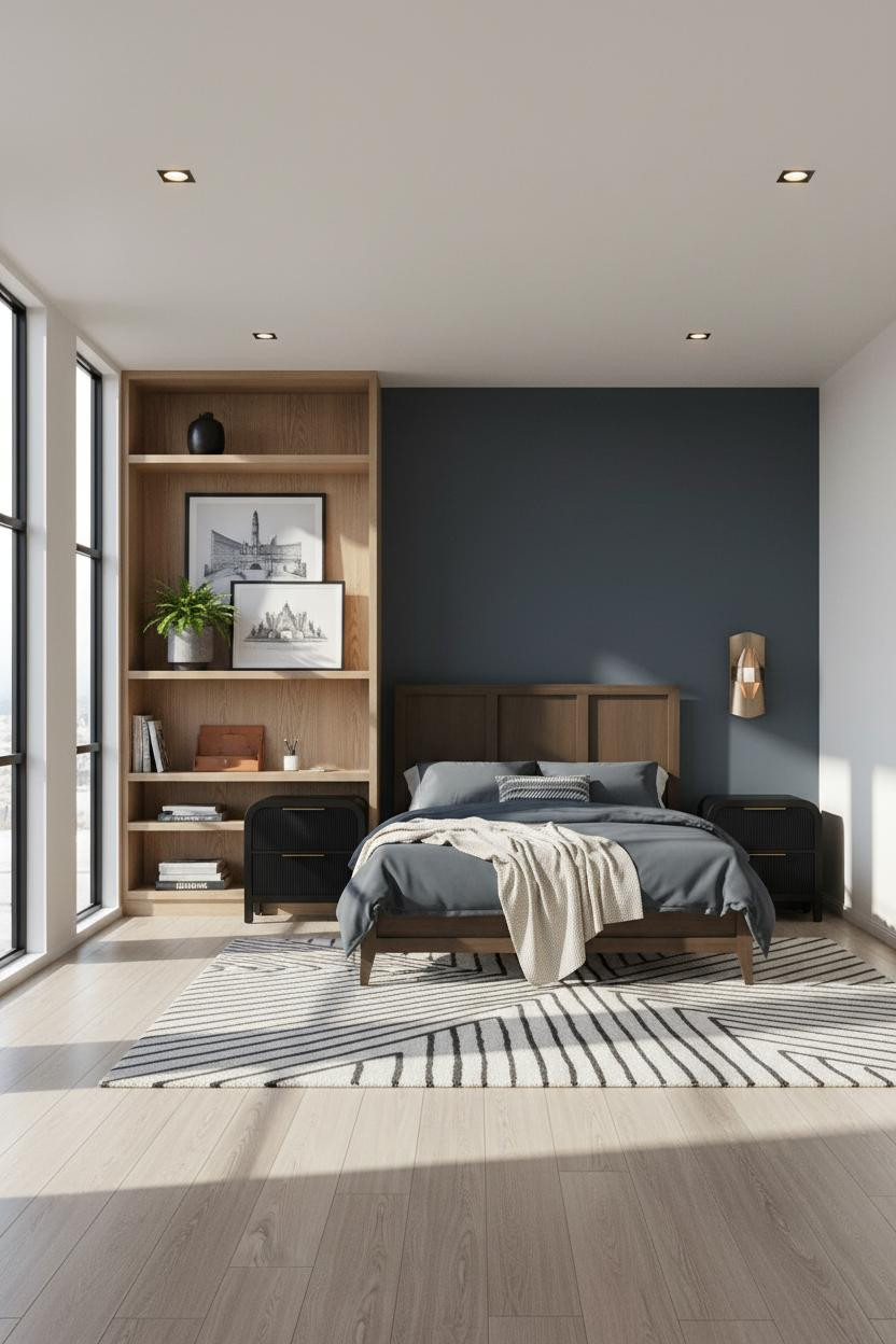 Mens Bedroom Colors Slate Blue Oak Shelving