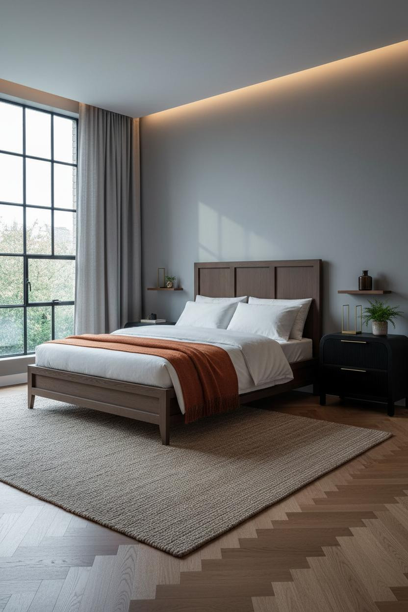 Mens Bedroom Grey Walls Oak Herringbone