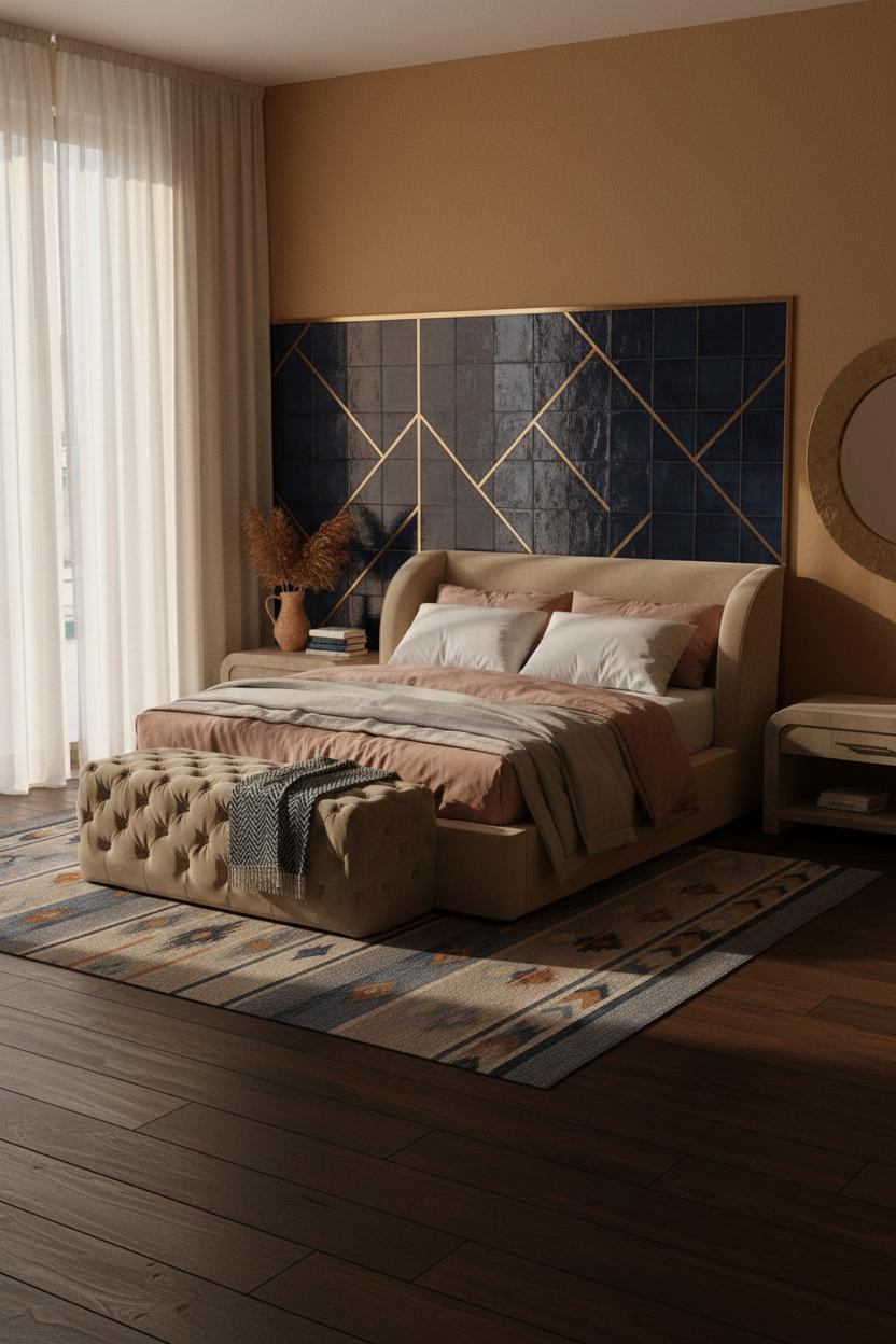 Boho Chic Bedroom Indigo Tiles Brass Accents