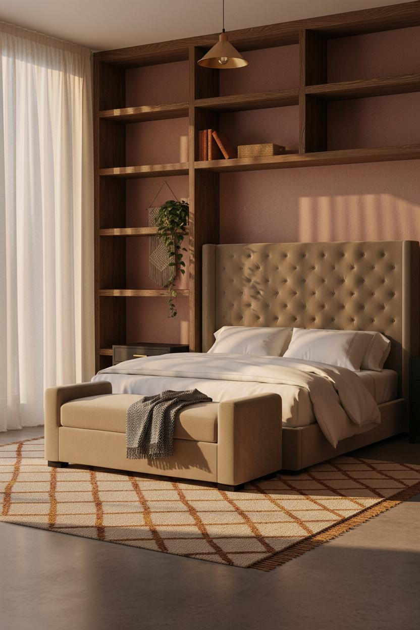 Boho Chic Bedroom Rustic Bookshelf Warm Lighting