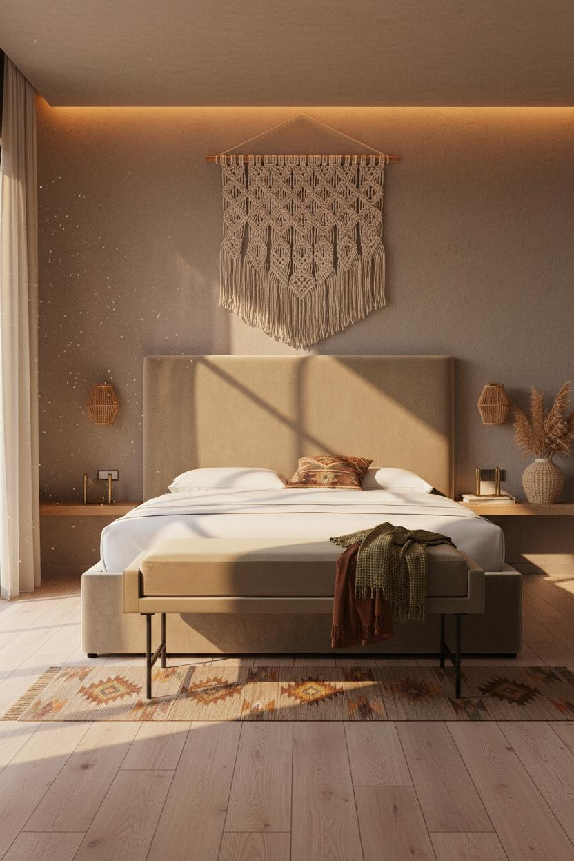 Boho Chic Bedroom Macrame Wall Hangings Golden Light