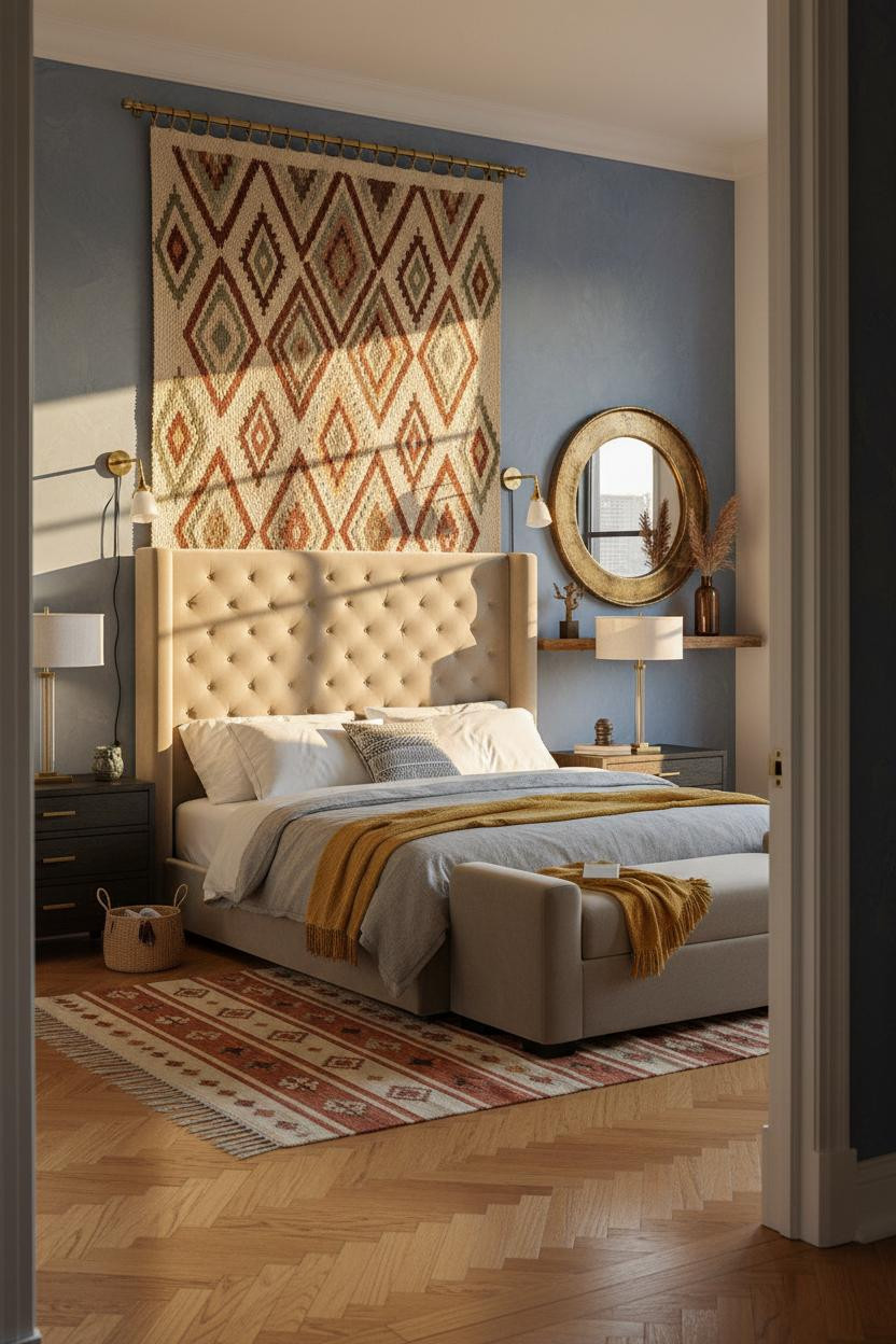 Boho Chic Bedroom Tapestry Brass Mirror