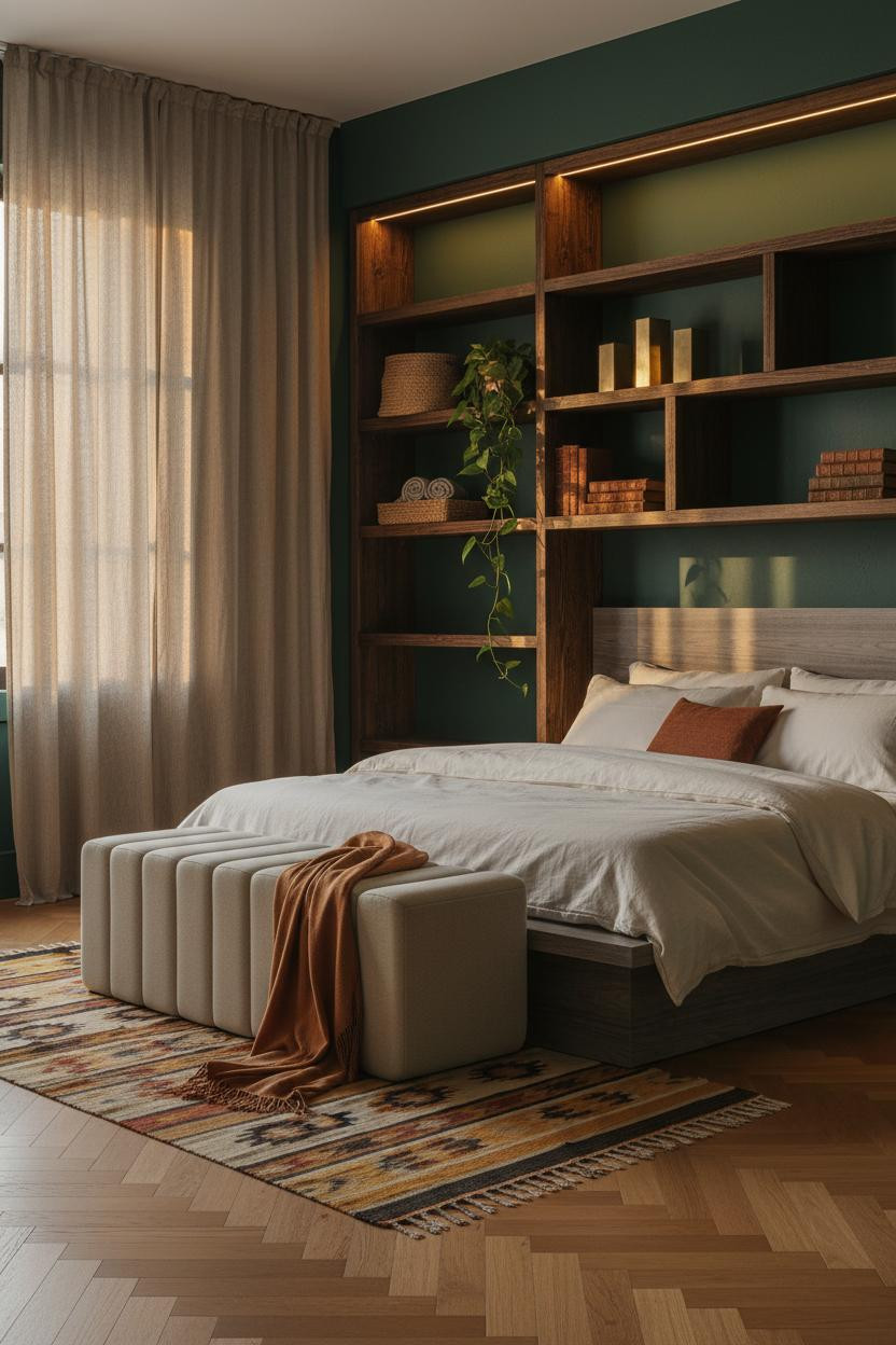 Boho Chic Bedroom Dark Green Shelving Warm Light