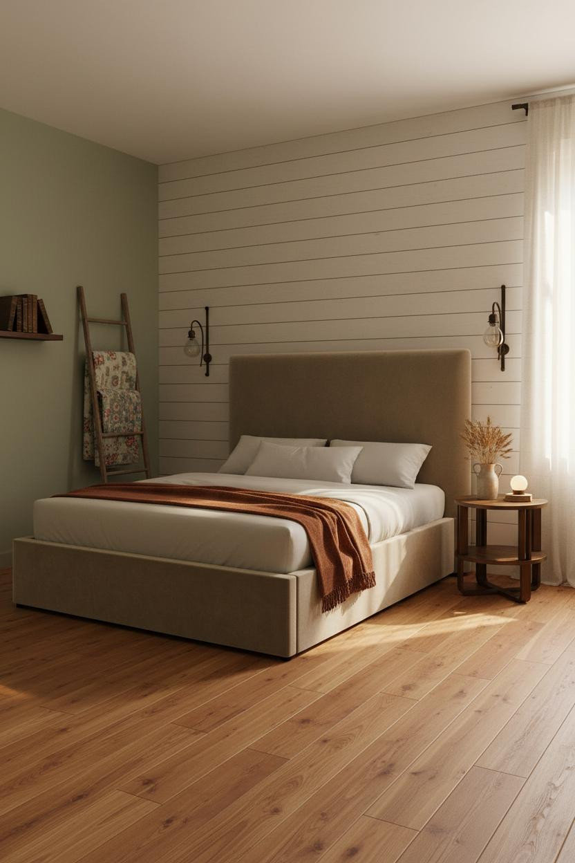 Farmhouse Bedroom Sage Walls and Shiplap Design