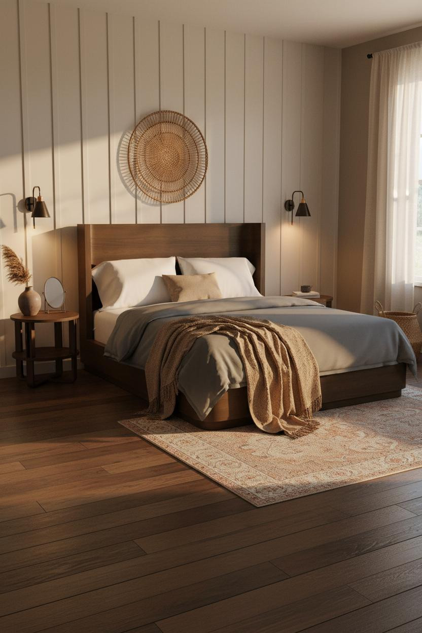 Farmhouse Bedroom Board and Batten Accent Wall With Rustic Wood