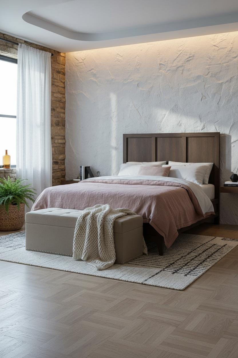 Farmhouse Bedroom Textured Plaster and Boho Style