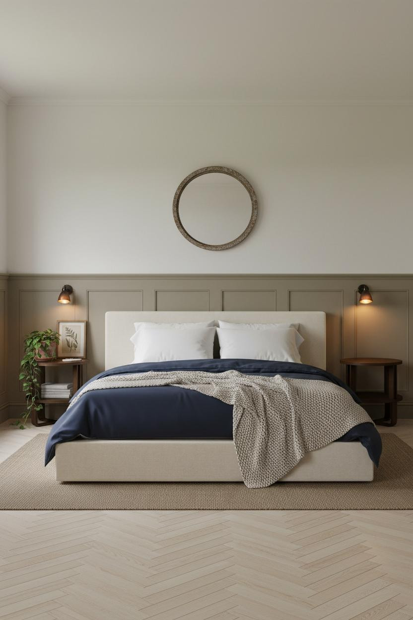 Farmhouse Bedroom Wainscoting and Neutral Decor