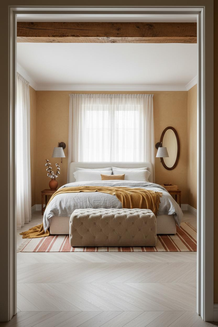 Farmhouse Bedroom Ochre Walls and Timber Beam