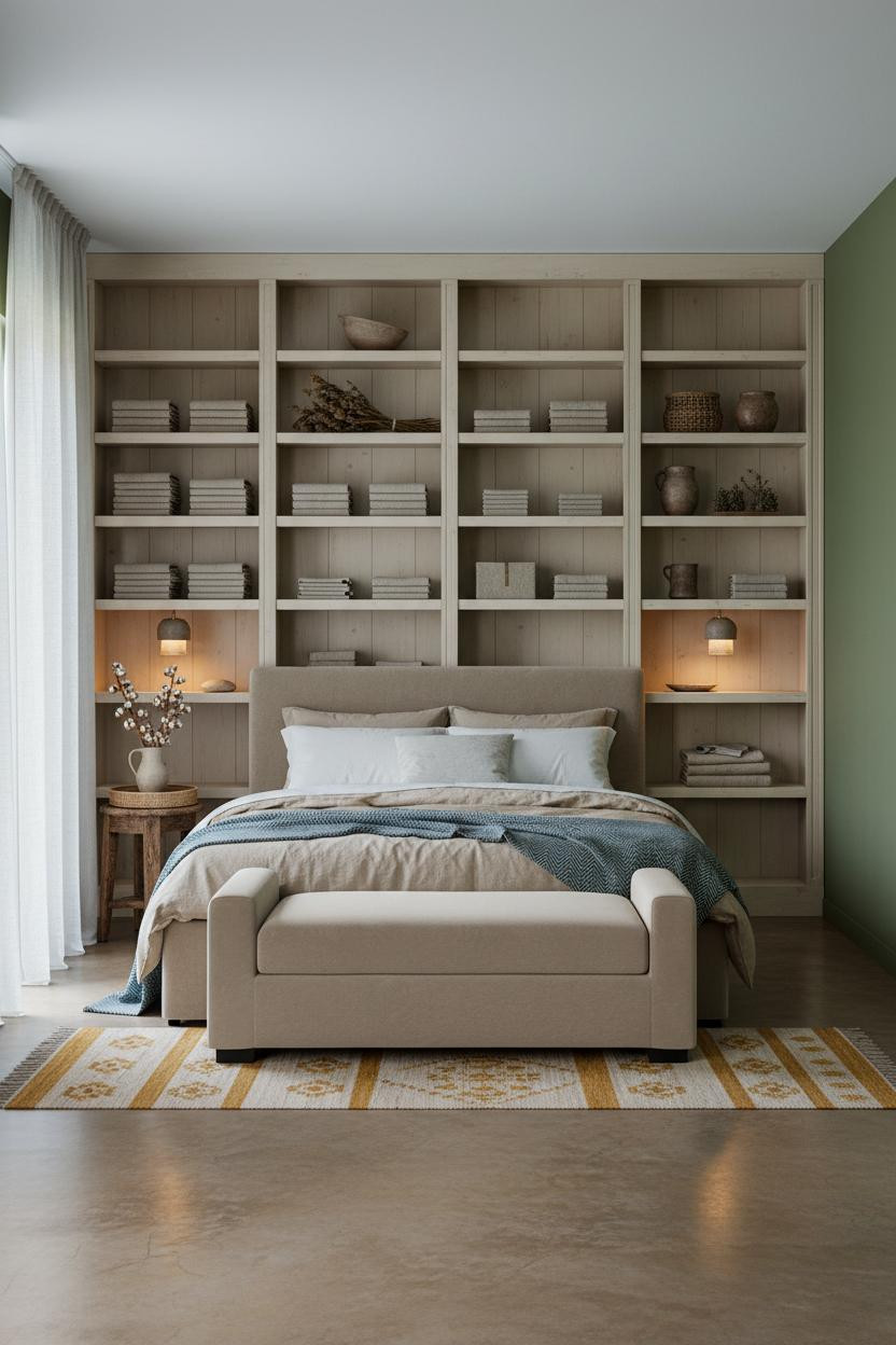 Farmhouse Bedroom Cream Shelving and Linen
