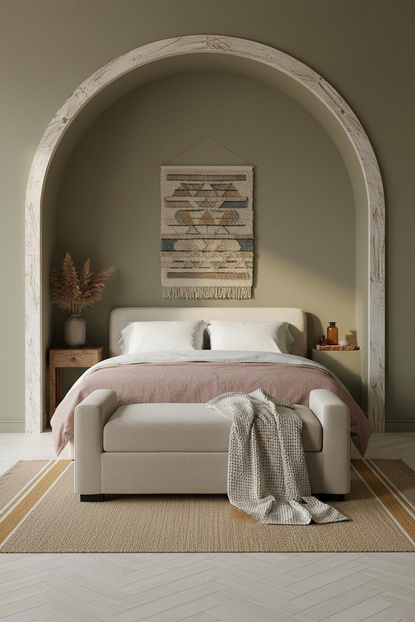 Farmhouse Bedroom Whitewashed Arch and Linen