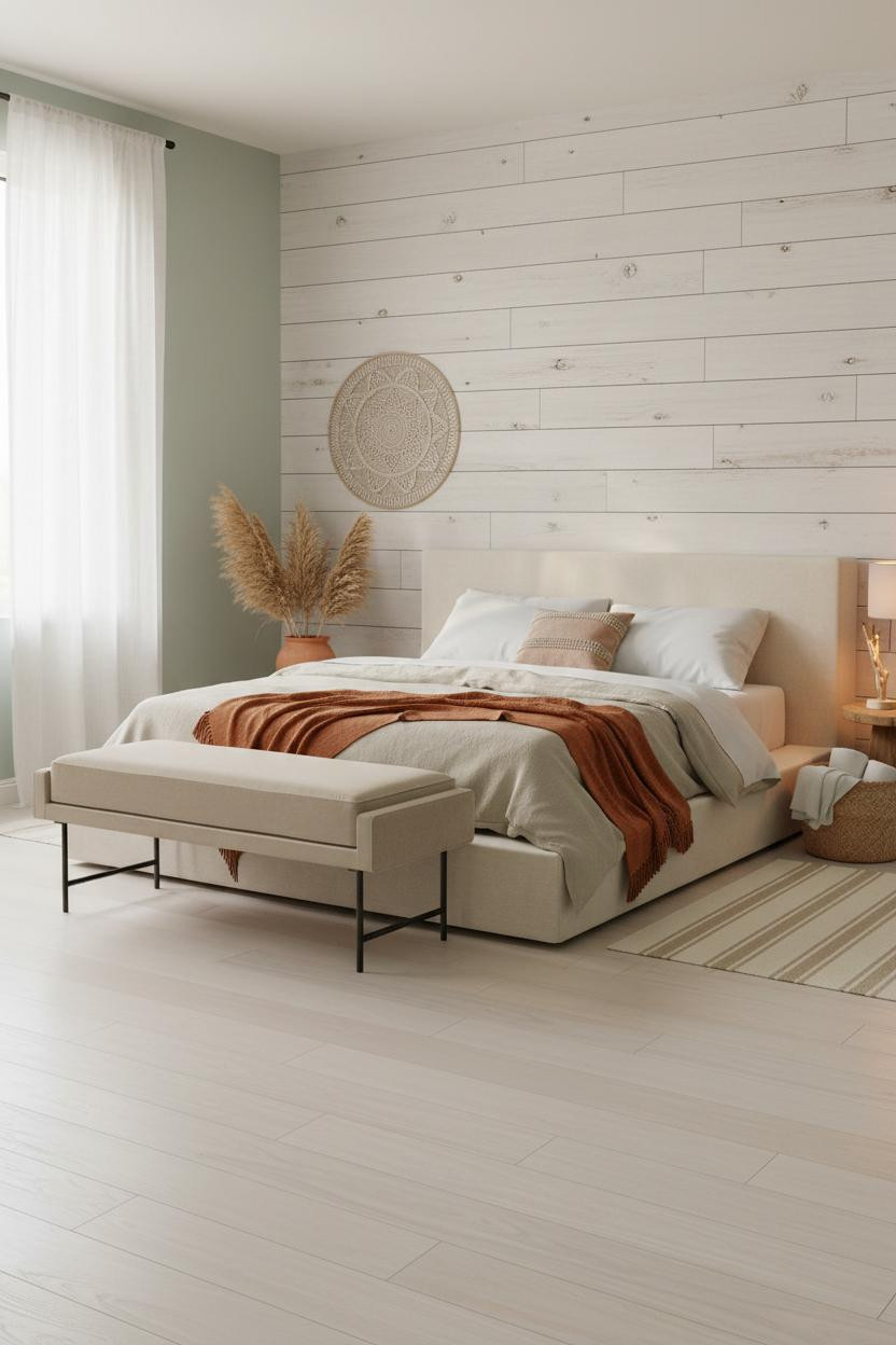 Coastal Boho Bedroom Whitewashed Shiplap