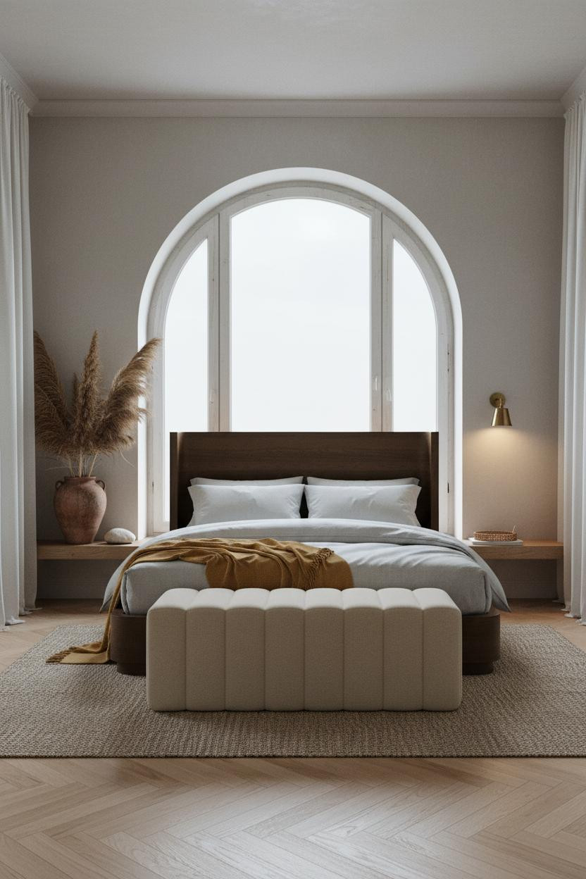 Coastal Boho Bedroom Arched Windows Neutral