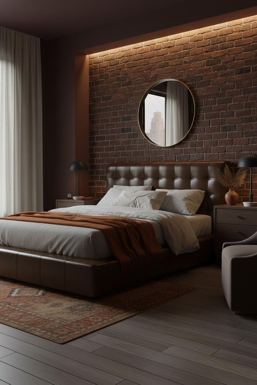 Dark Moody Bedroom Exposed Brick Headwall