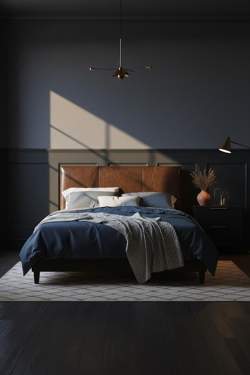 Dark Moody Bedroom Indigo Wainscoting