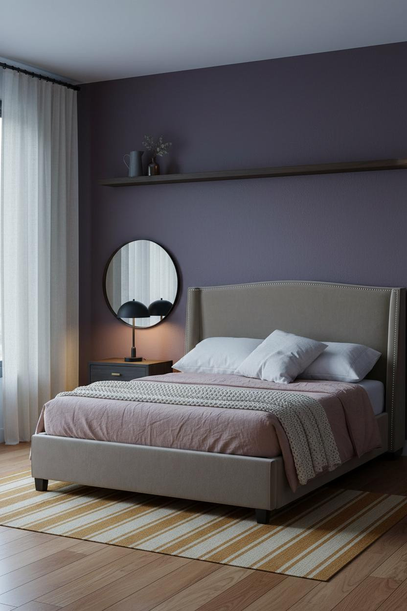 Dark Moody Bedroom Plum Walls Walnut Shelf