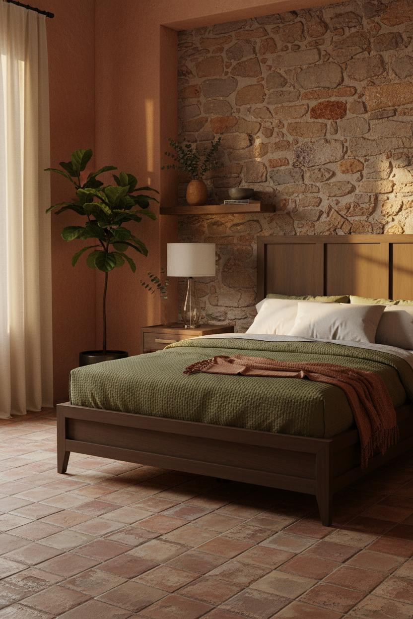 Dark Moody Bedroom Stone Wall Golden Light