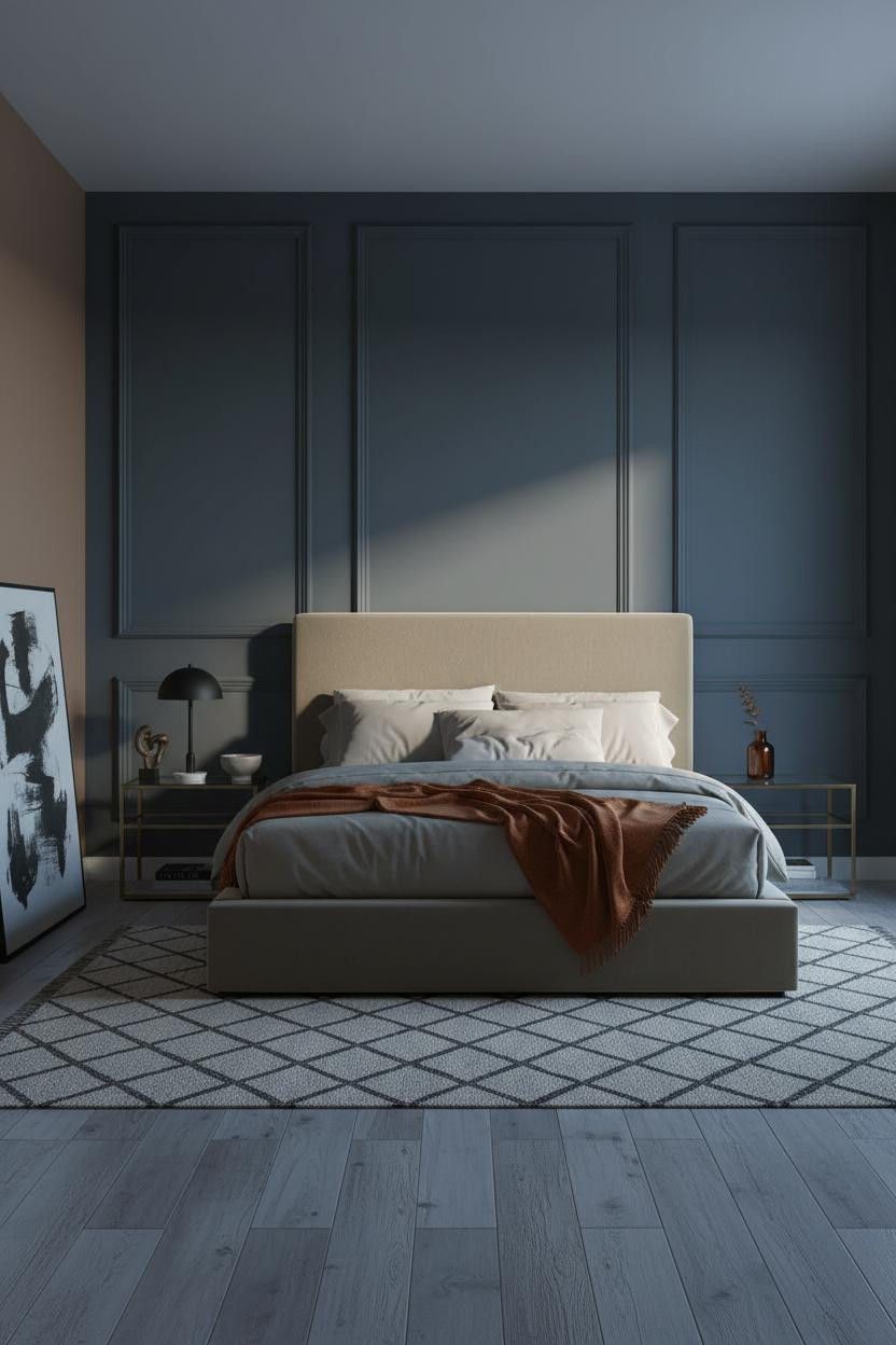 Dark Moody Bedroom Slate Paneling Coastal