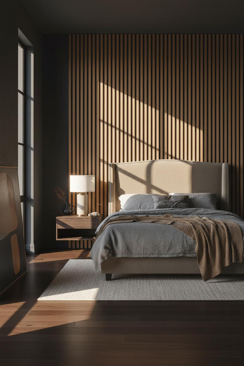 Dark Moody Bedroom Oak Paneling Charcoal