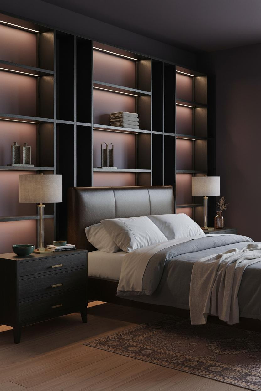 Dark Moody Bedroom Shelving LED