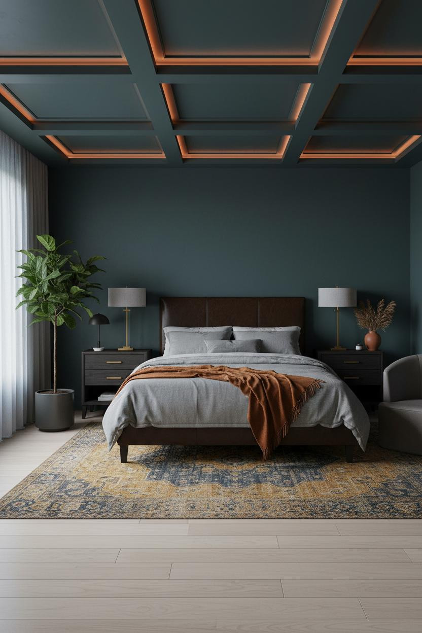 Dark Moody Bedroom Coffered Ceiling