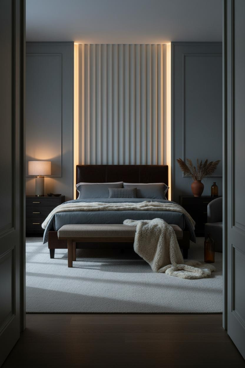 Dark Moody Bedroom Fluted Accent Wall