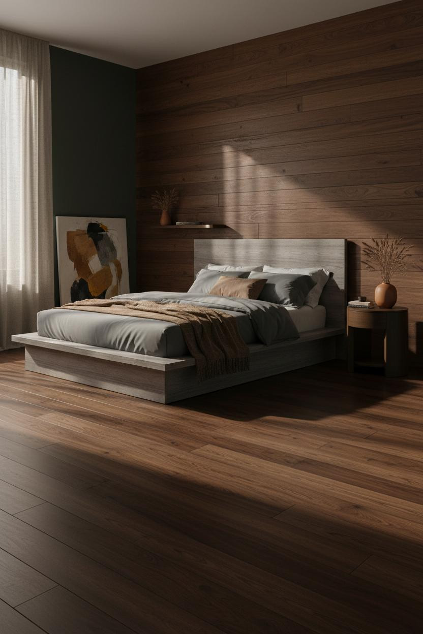 Moody Mid Century Bedroom Walnut Accent Wall