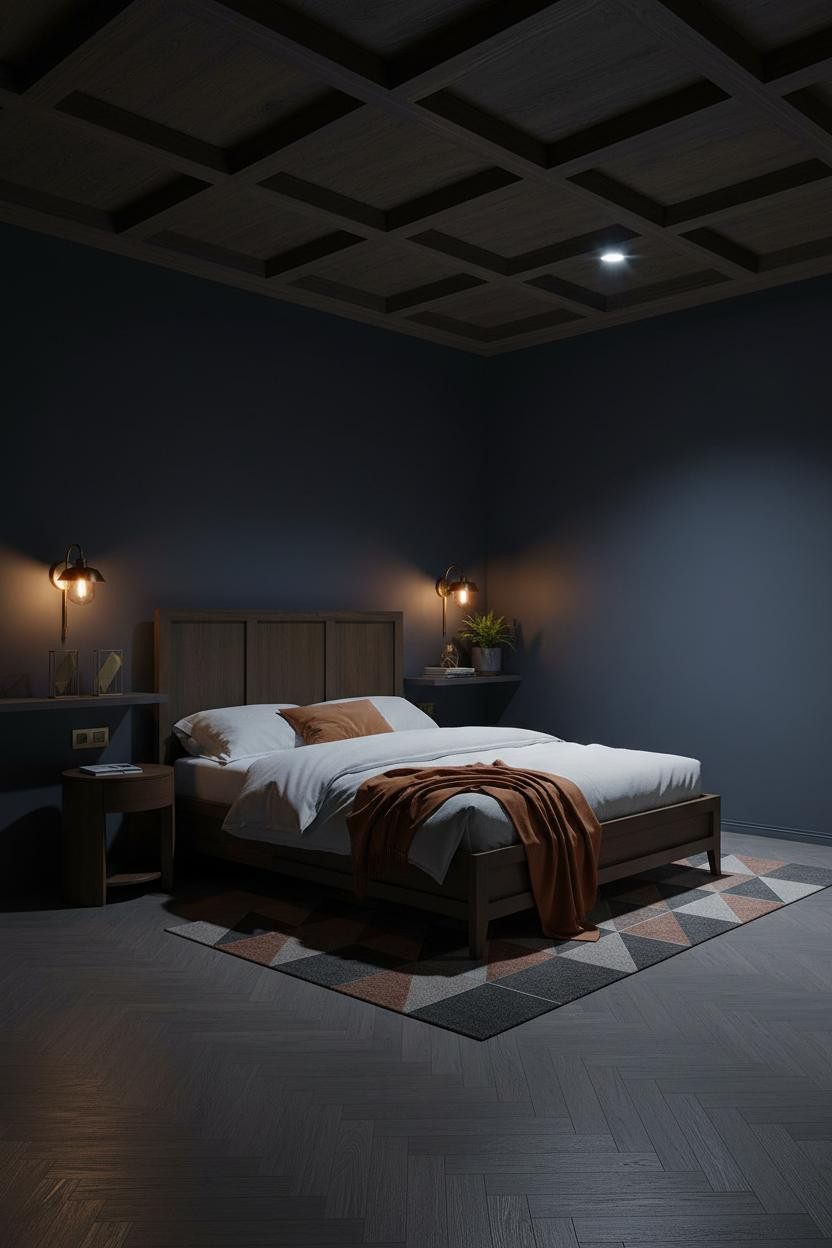 Moody Mid Century Bedroom Dark Oak Ceiling