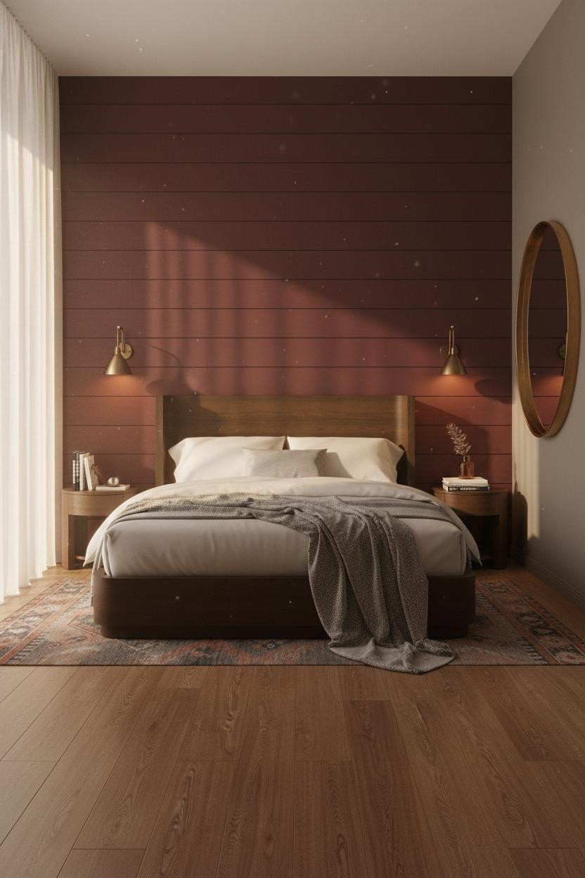 Moody Mid Century Bedroom Burgundy Shiplap