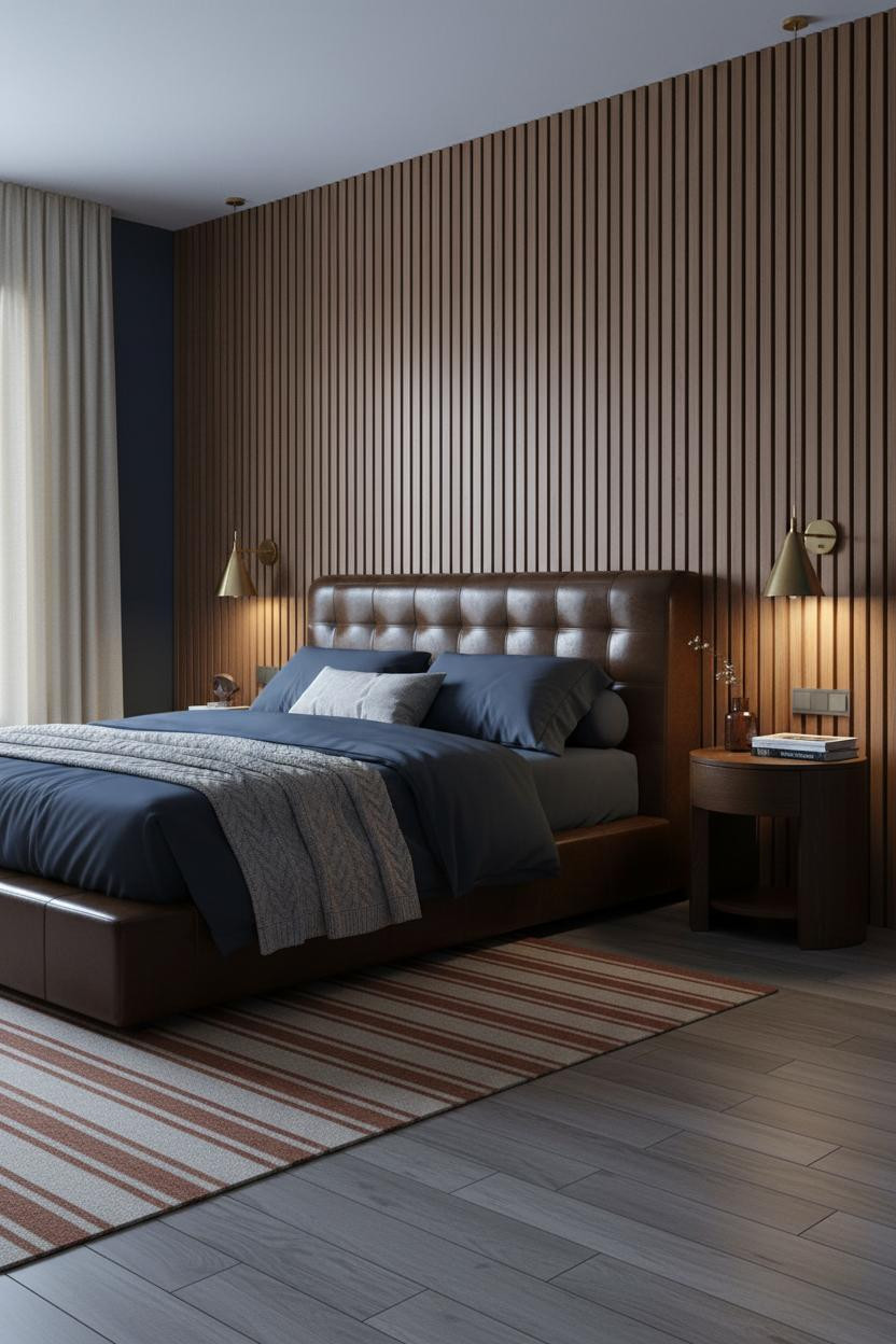 Moody Mid Century Bedroom Walnut Brass Sconces