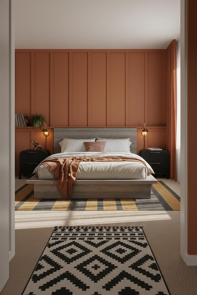Moody Mid Century Bedroom Burnt Sienna Accent Wall