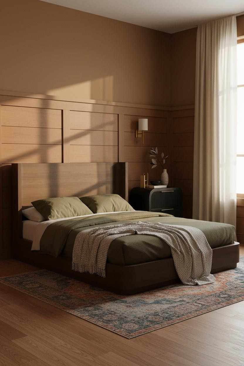 Moody Mid Century Bedroom Cognac Wainscoting