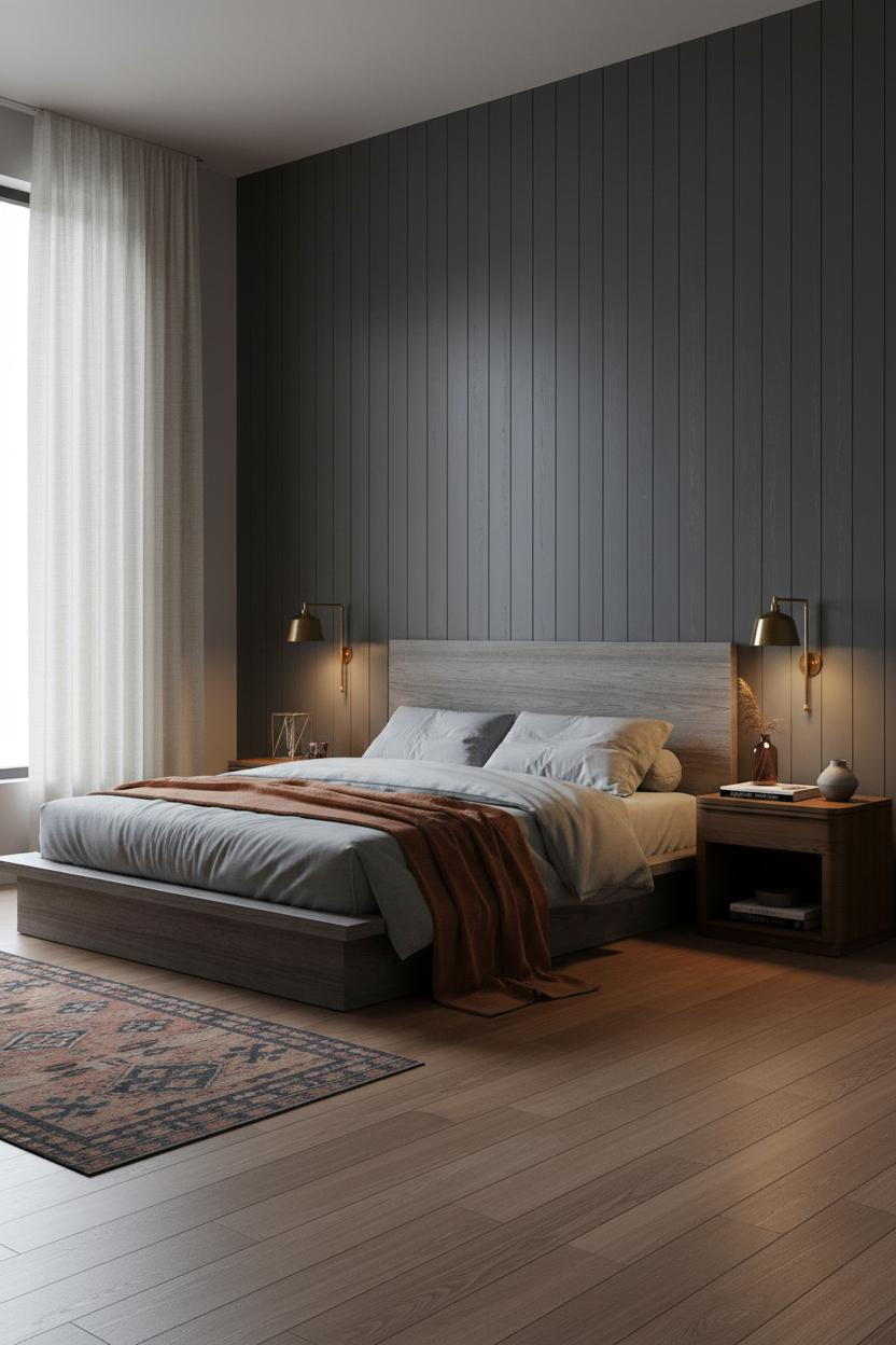 Moody Mid Century Bedroom Charcoal Shiplap Brass
