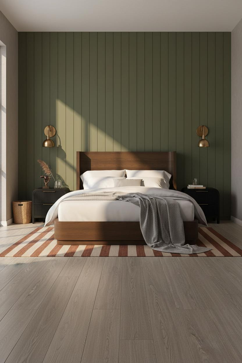 Moody Mid Century Bedroom Green Accent Wall